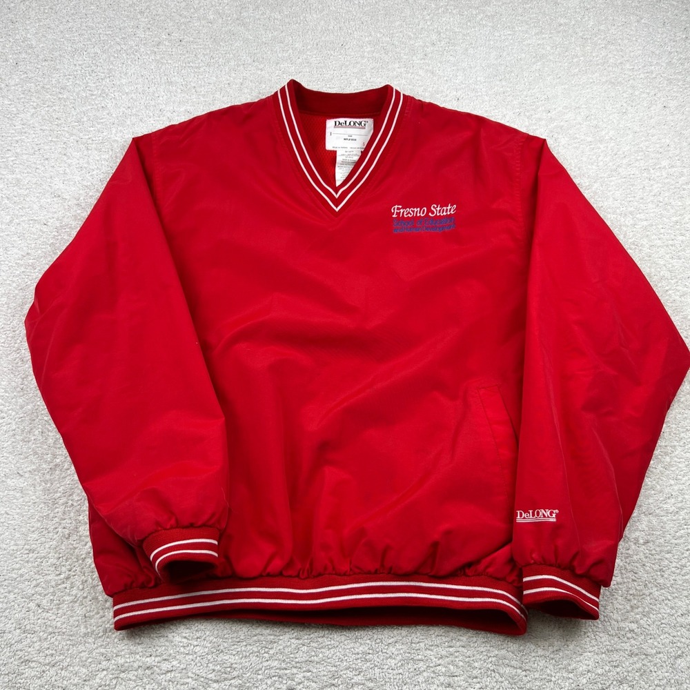 Vintage DeLONG Fresno State V-Neck Windbreaker Red Pullover Mens Small‎ VTG
